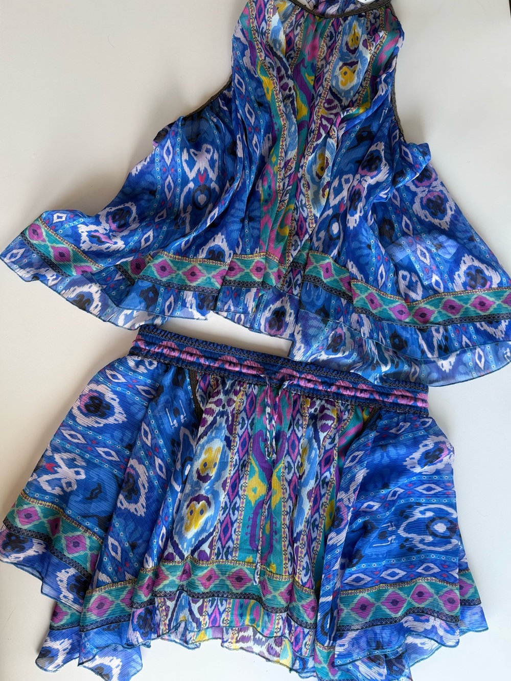 Zara Blue Ikat Aztec Print Halter Top & Mini Skirt 2 Piece Set M NWT